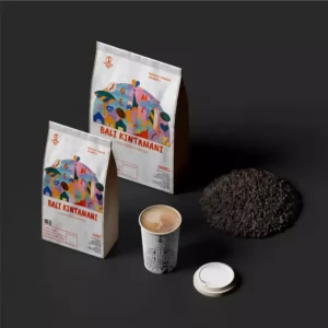 Kemasan premium biji kopi Bali Kintamani dengan One Way Valve untuk menjaga kesegaran aroma floral.