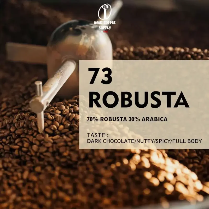 Close-up biji kopi robusta 70:30 yang sudah di-roasting Medium, menunjukkan blend siap espresso.